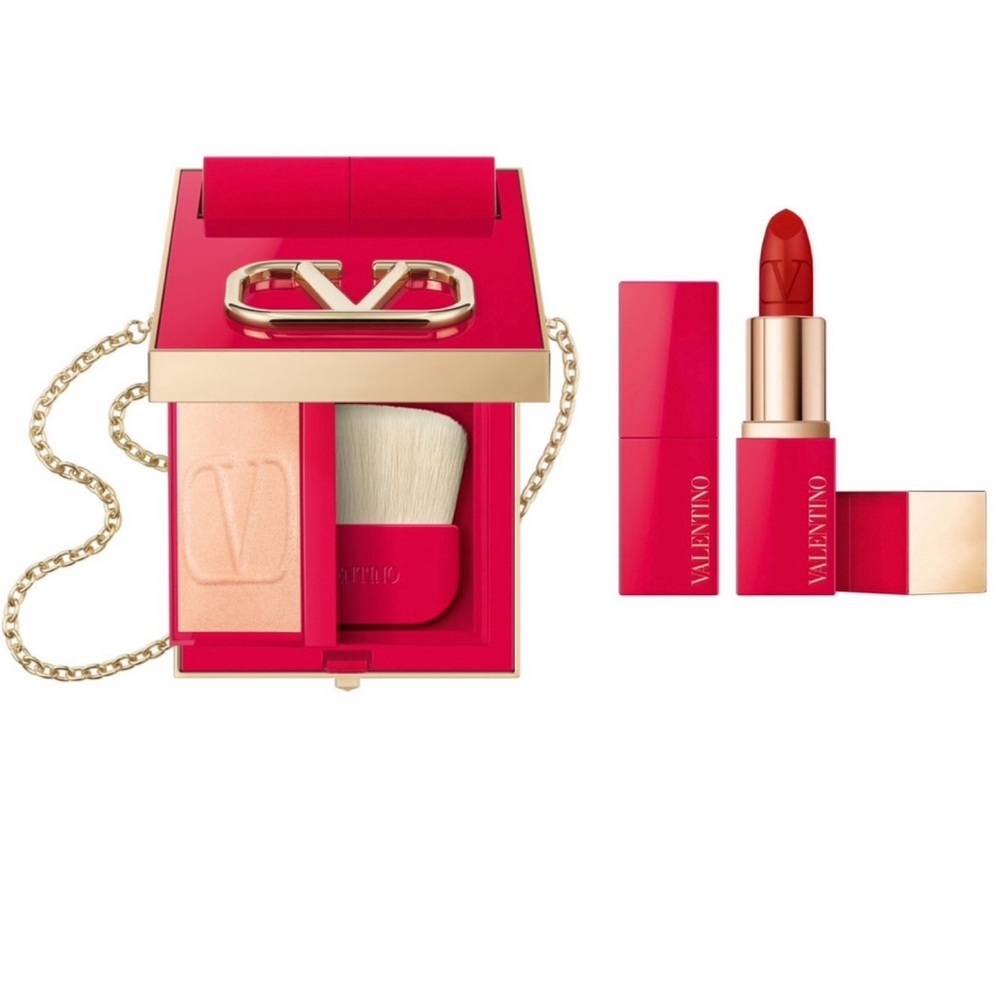 NEW VALENTINO GO-CLUTCH FILLABLE COMPACT POWDER & RED LIPSTICK w/CROSSBODY CHAIN